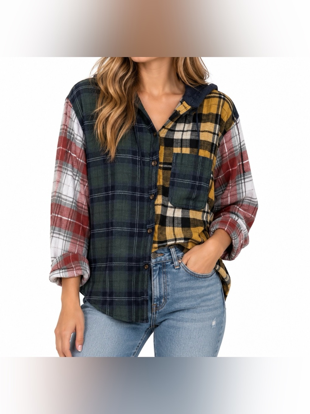 American Eagle Multicolor Patchwork Plaid Hooded Button-Down Shirt - Size XS